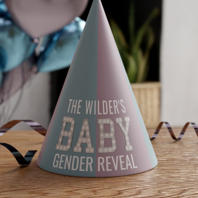 Gorra de Fiesta de papel de revelación de género d (Gender Reveal Party hats just for you. Add your family name)