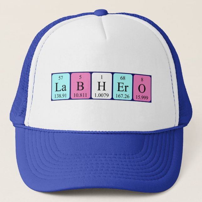 Gorra de nombres de tabla periódica de Lab Hero (Anverso)