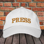GORRA de oro / blanco de la gorra de béisbol borda<br><div class="desc">Gorras bordados: Captura clásica de béisbol de moda dorada / blanca con el texto "PRENSA" para medios,  reporteros,  periodistas,  fotógrafos,  portada de noticias así como para vestir a fiesta,  periódico universitario,  Santa secreta / noche de salida</div>