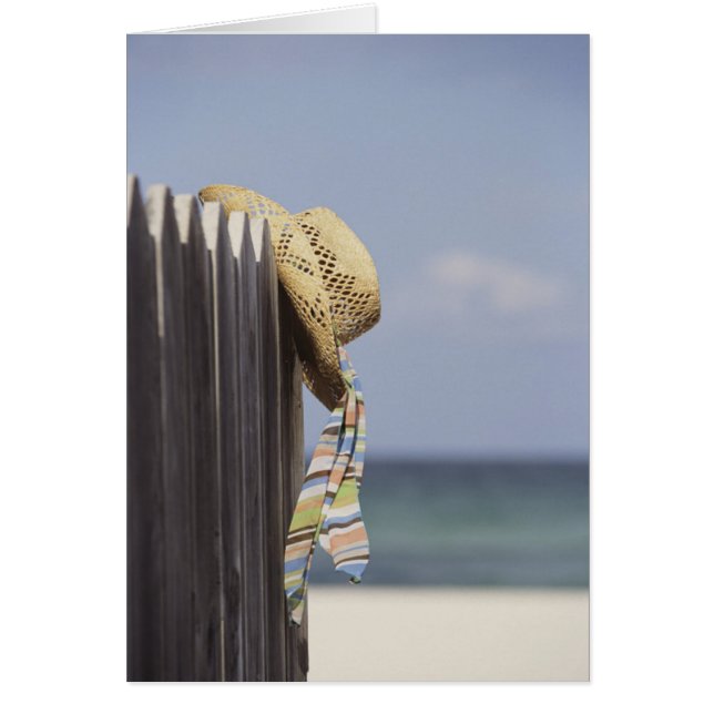 Gorra De Paja Colgando De La Valla En La Playa (Frente)