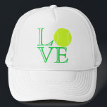 Gorra del camionero del amor del tenis<br><div class="desc">Este "gorra del amor del tenis" está seguro de anotar algunos puntos con los jugadores de tenis. (Se llama que, "ironía, " niños.) El gorra explica la palabra, "AMOR" en verde, abre las letras hechas frente, mientras que usa una pelota de tenis para el "O". ¡El diseño trabaja en muchos...</div>