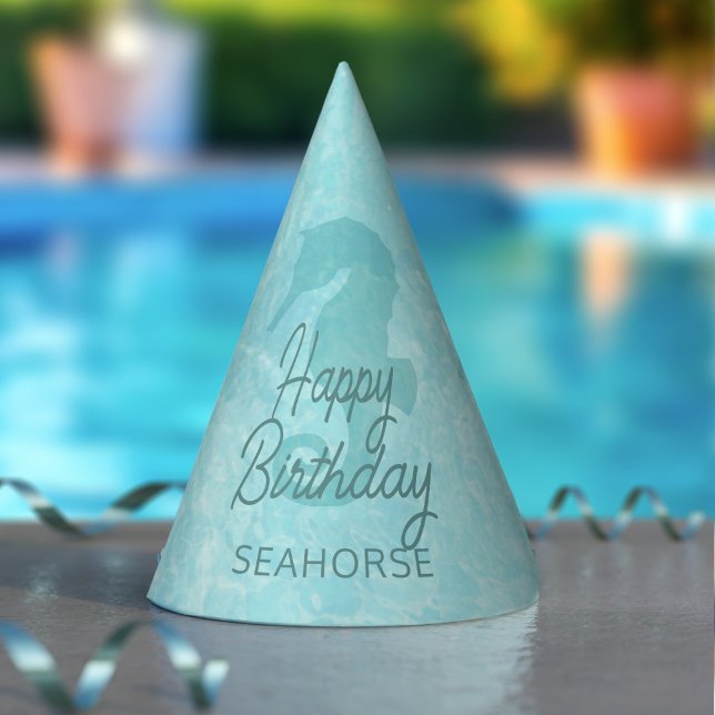 Gorra Fiesta de la piscina de natalidad feliz de c (Happy Birthday Seahorse! Perfect paper hat for your pool party. Just add your name)