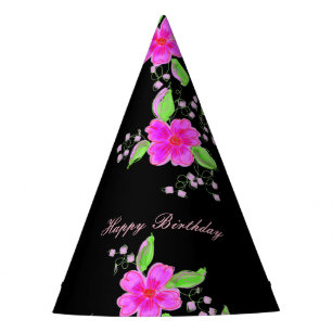 Gorra Fiesta de papel negro con flores rosadas