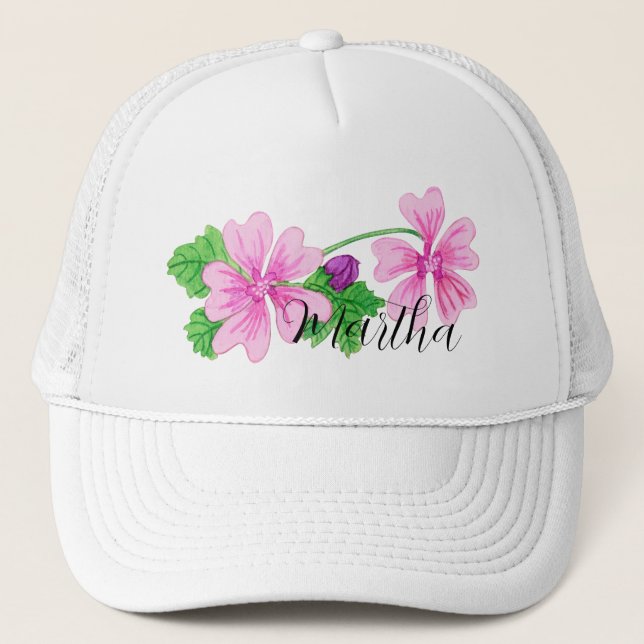 Gorra Trucker con flor de acuarela rosa y nombre (Anverso)