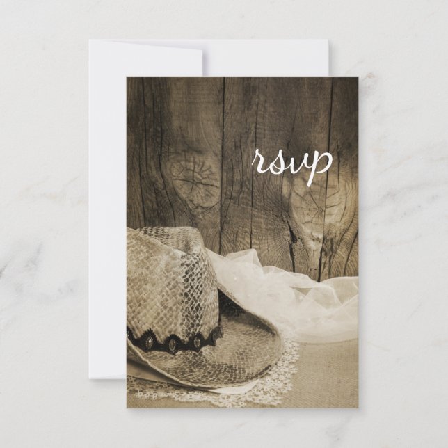 Gorra Vaquero Barn Wood Wedding RSVP Sepia (Anverso)