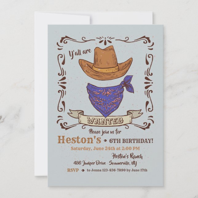Gorra Vaquero y Bandana Azul 2 Invitación (Anverso)