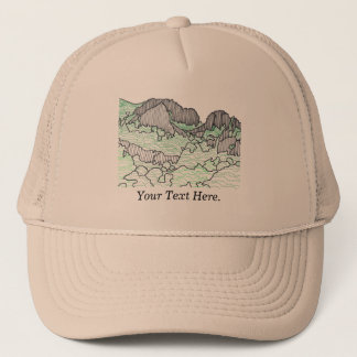 Gorras de dibujo de líneas de árboles y montañas d