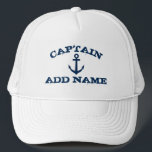Gorras del capitán del barco con ancla náutica y n<br><div class="desc">Capitán del barco gorra con ancla náutica y nombre personalizado. Plantilla de tipografía vintage para marinero. Haz tu propio gorra personalizado para navegar / pasear en bote. Símbolo de anclaje azul marino con texto grueso. Idea de regalo de cumpleaños o Día del Padre para hombres. Haz lo tuyo por papá,...</div>