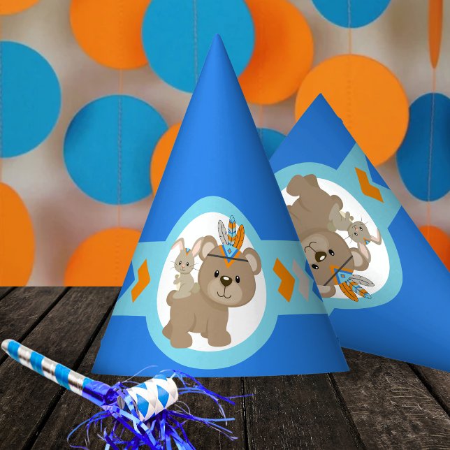 Gorras Fiestas de oso y conejito de Blue Woodland (Woodland Bear and Bunny Blue Birthday Party Hats. Part of our Wild One collection!)