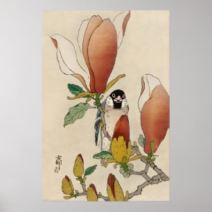 Gorrión en rama de magnolia florecida arte japonés