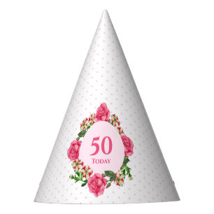 Gorro De Fiesta 50.º cumpleaños Pink Rose Red White Petunias Polka