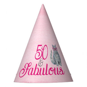 Gorro De Fiesta 50 y fabuloso gato, rosa y gris, 50 cumpleaños Wi