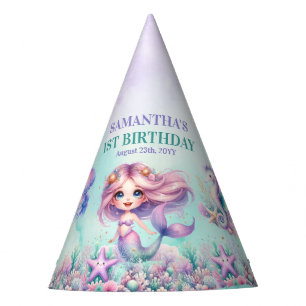 Gorro De Fiesta Acuarela de sirena púrpura turquesa 1er cumpleaños