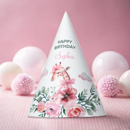 Gorro De Fiesta Acuarela Floral Giraffe Ribbon Chica Cumpleaños