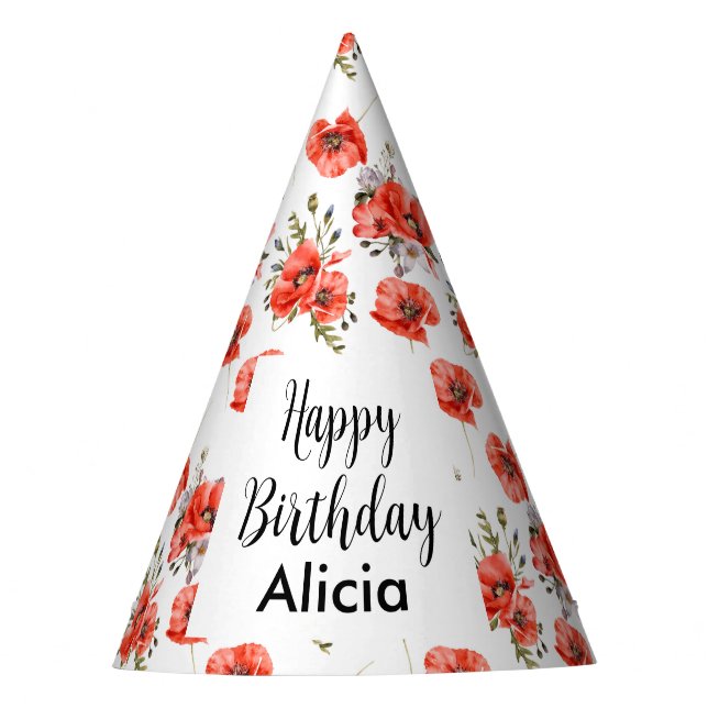 Gorro De Fiesta Acuarela Red Poppy Greenery 50 cumpleaños (Anverso)