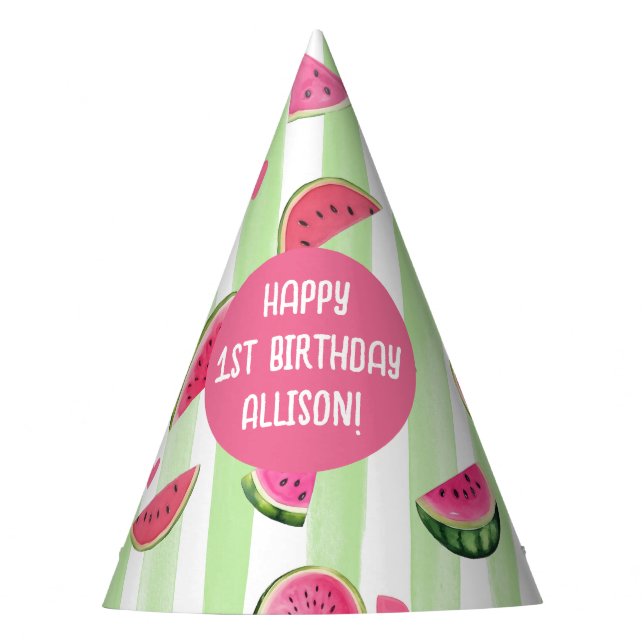 Gorro De Fiesta Acuarela rosa, fruta uno en un cumpleaños de melón (Anverso)