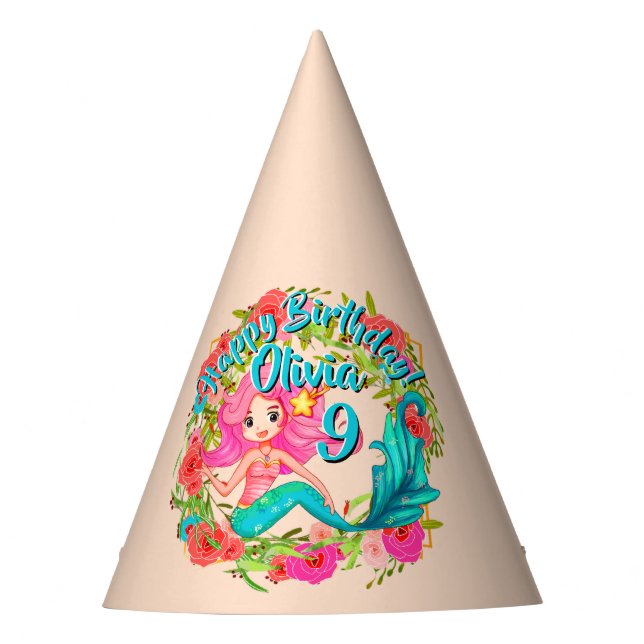 Gorro De Fiesta Añadir nombre edad Pink Mermaid Blue Tail Birday P (Anverso)
