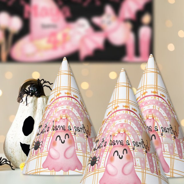 Gorro De Fiesta Araña fantasma rosa de Halloween y cumpleaños arco (Pink friendly ghost under the halloween rainbow with spider friend)