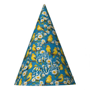 Gorro De Fiesta Aves De Goldfinch Amarillas En Ramas Con Daisies