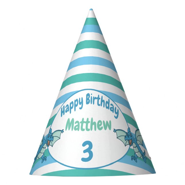 Gorro De Fiesta Bandas azules y verdes y dinosaurios dragones (Anverso)