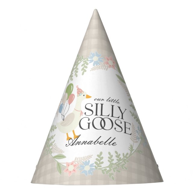 Gorro De Fiesta Beige Silly Goose Floral Gingham Cumpleaños Favor (Anverso)