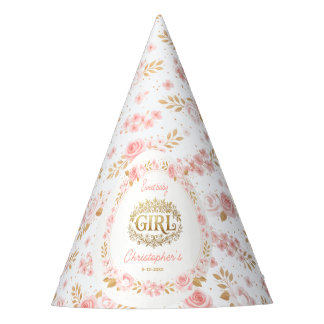 Gorro De Fiesta Beso Rosa y Dorado Baby Shower de Niña Floral