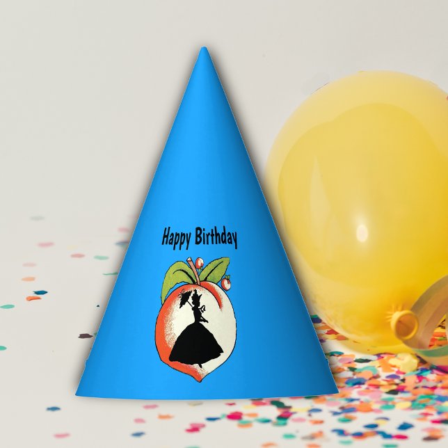 Gorro De Fiesta Big Southern Peach Silhouette Lady Hoop Skirt Blue (Big Southern peach silhouette lady in hoop skirt with parasol on blue paper Birthday party hat.)