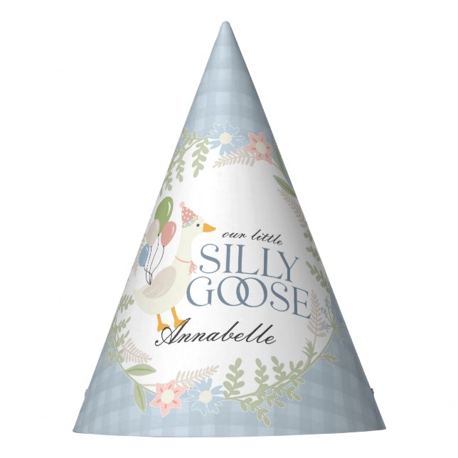 Gorro De Fiesta Blue Silly Goose Floral Gingham Birthday Favor (Anverso)