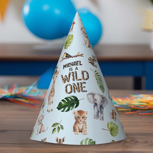 Gorro De Fiesta Blue Wild One, Safari Themed Baby Boy 1 (Blue Wild One, Safari Themed Boy 1st birthday party hat.)