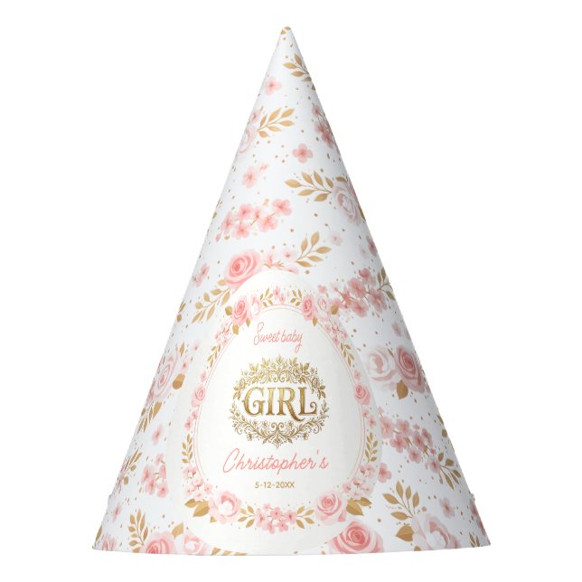 Gorro De Fiesta Blush Pink & Gold Floral Girl Baby Shower (Anverso)