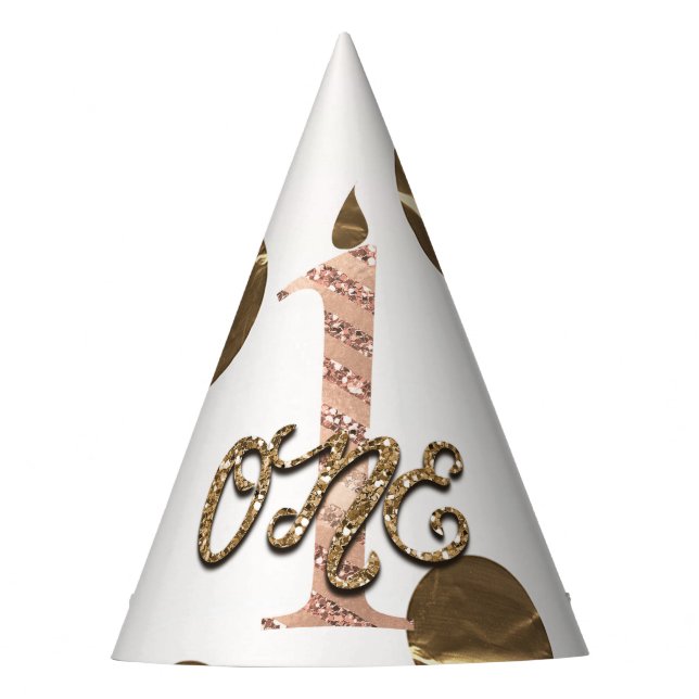Gorro De Fiesta Bronze Polka Dots Rosa Oro UNO Primer Cumpleaños (Anverso)