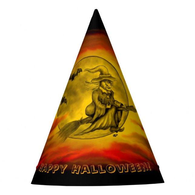 Gorro De Fiesta Bruja voladora con gato negro, noche de halloween (Anverso)