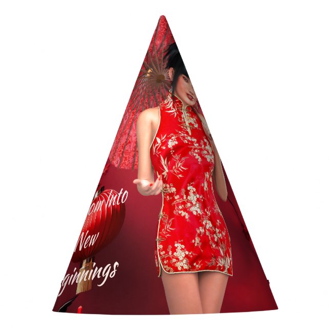 Gorro De Fiesta Chica chino de Año Nuevo con un paraguas rojo (Anverso)