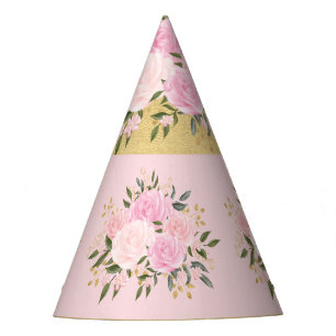 Gorro De Fiesta Chicas de la vegetación floral rosa y dorada cumpl