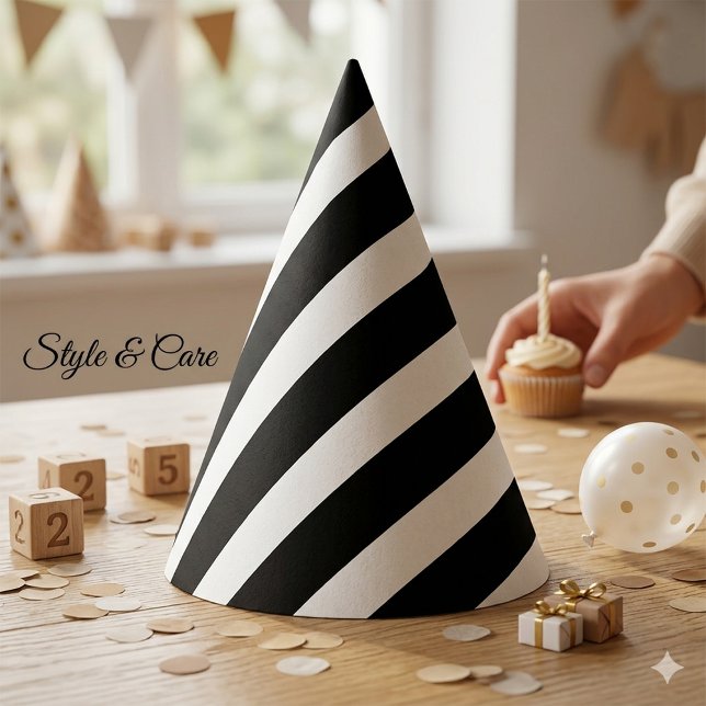 Gorro De Fiesta Clásico sólido blanco y negro rayado estilo (Classic Solid White and Black Striped Stylish Party Hat)