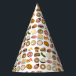 Gorro De Fiesta Cocina judía de fiesta de cena de comida impresa<br><div class="desc">El diseño presenta un ilustracion original de una variedad de platos populares en la cocina judía: babka, bagel con queso crema y lox, rugelach, blintzes de arándano azul, hamantash, sandwich de uben, piquete de eneldo kosher, matzah, pichón de espinacas, shakshuka, todo bagel, macaroón de coco, ensalada israelí, kugel, boukrekrekrauchu. como,...</div>
