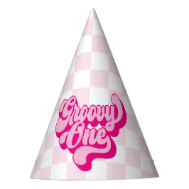 Gorro De Fiesta Comprobación Retro de Groovy Rosado Caliente Uno