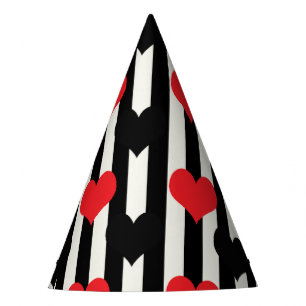 Gorro De Fiesta Corazones rojos negros en franjas blancas negras
