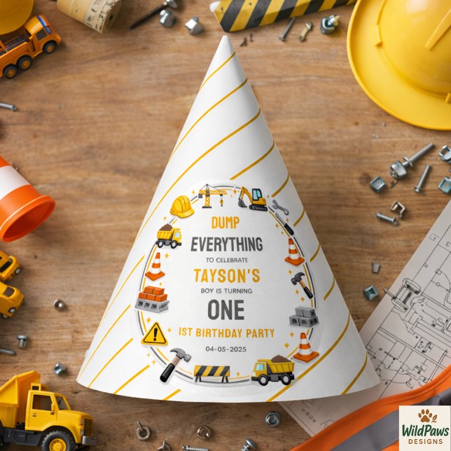 Gorro De Fiesta Cumpleaños 1 | Fiesta de Camión de Construcción (Construction 1ST Birthday | Builder Truck Party Hat
)