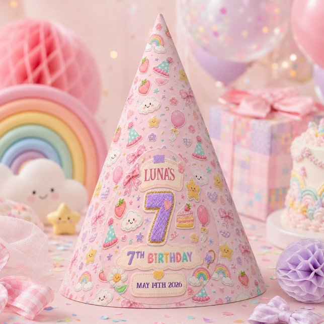 Gorro De Fiesta Cumpleaños 7 de niña con arcoíris de patchwork pas (Pastel Patchwork Rainbow 7th Birthday Party Girl Hat
)