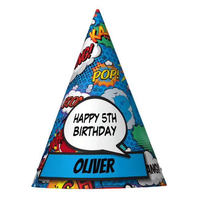 Gorro De Fiesta Cumpleaños azul de superhéroe de cómic (Anverso)