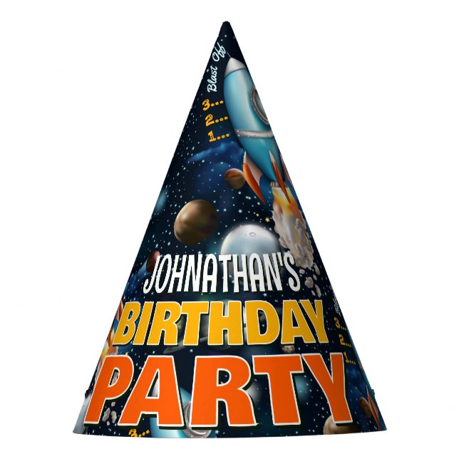 Gorro De Fiesta Cumpleaños de Aventura Espacial en Cohete (Anverso)