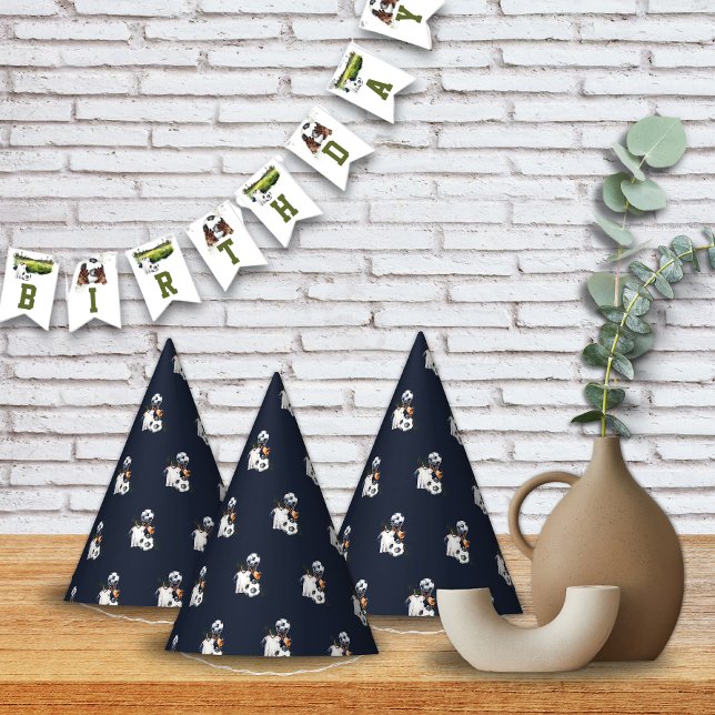 Gorro De Fiesta Cumpleaños del juego deportivo de fútbol (Green Navy Blue Soccer Birthday Party Hats Kids)