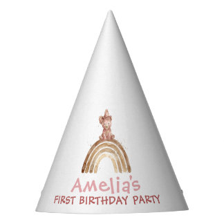 Gorro De Fiesta Cumpleaños niña 1 año oso arcoíris acuarela