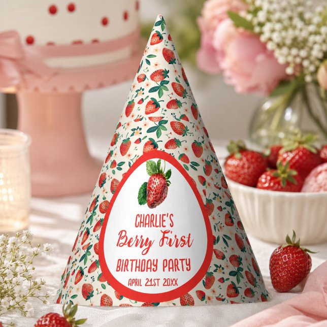 Gorro De Fiesta Cumpleaños número 1 de Berry First Strawberry Girl (Berry First Strawberry Girl 1st Birthday Party Hat)