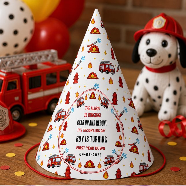 Gorro De Fiesta Cumpleaños número uno del camión de bomberos rojo  (Red and White Firetruck 1st Birthday Party Hat
)