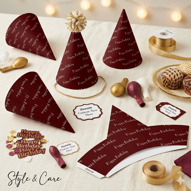 Gorro De Fiesta Cumpleaños Patrón de Texto Personalizado Granate (Happy Birthday Custom Text Pattern Maroon Party Hat)