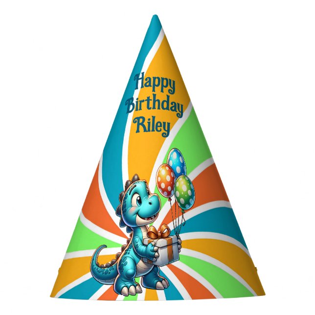 Gorro De Fiesta Cumpleaños personalizado con dinosaurio y globos (Anverso)