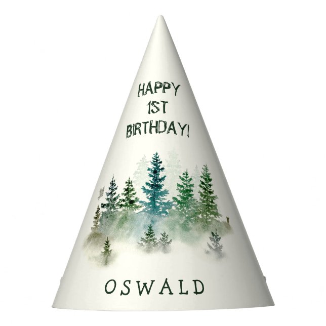Gorro De Fiesta Cumpleaños Salvaje 1er Cumpleaños Acuarela Bosque (Anverso)