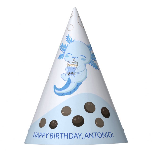 Gorro De Fiesta Cute Axolotl Blue Boba Tea Boys Cumpleaños (Anverso)